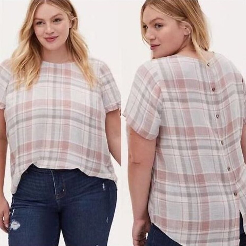 Torrid Flowy Pink & Grey Plaid Shirt Blouse w/ Button Accents Summer Casual 4X